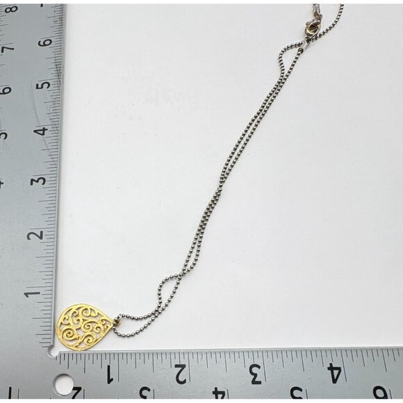 Gold Tone Filigree Teardrop Pendant Necklace On Silver Ball Chain - Picture 3 of 6